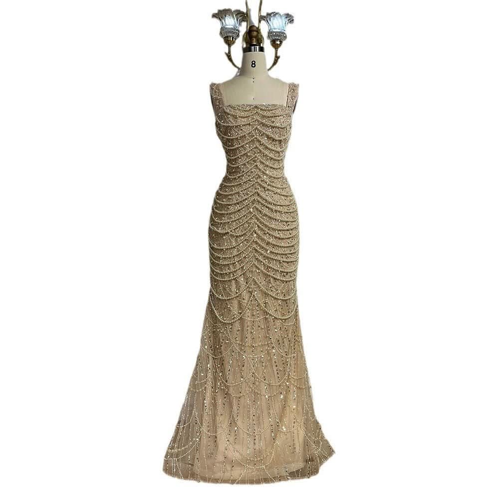 Nude Elegant Sling Light Luxury High - end Pearl Beaded Dress - Eshtree