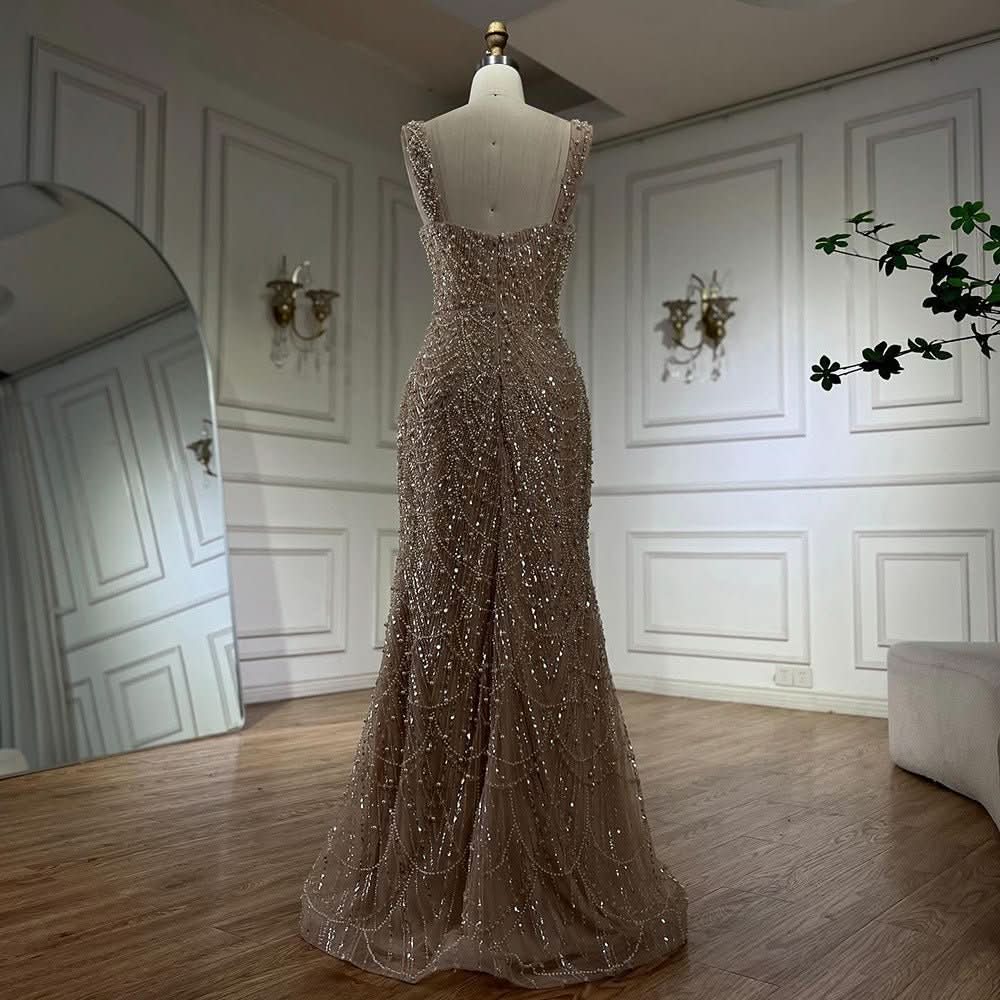 Nude Elegant Sling Light Luxury High - end Pearl Beaded Dress - Eshtree