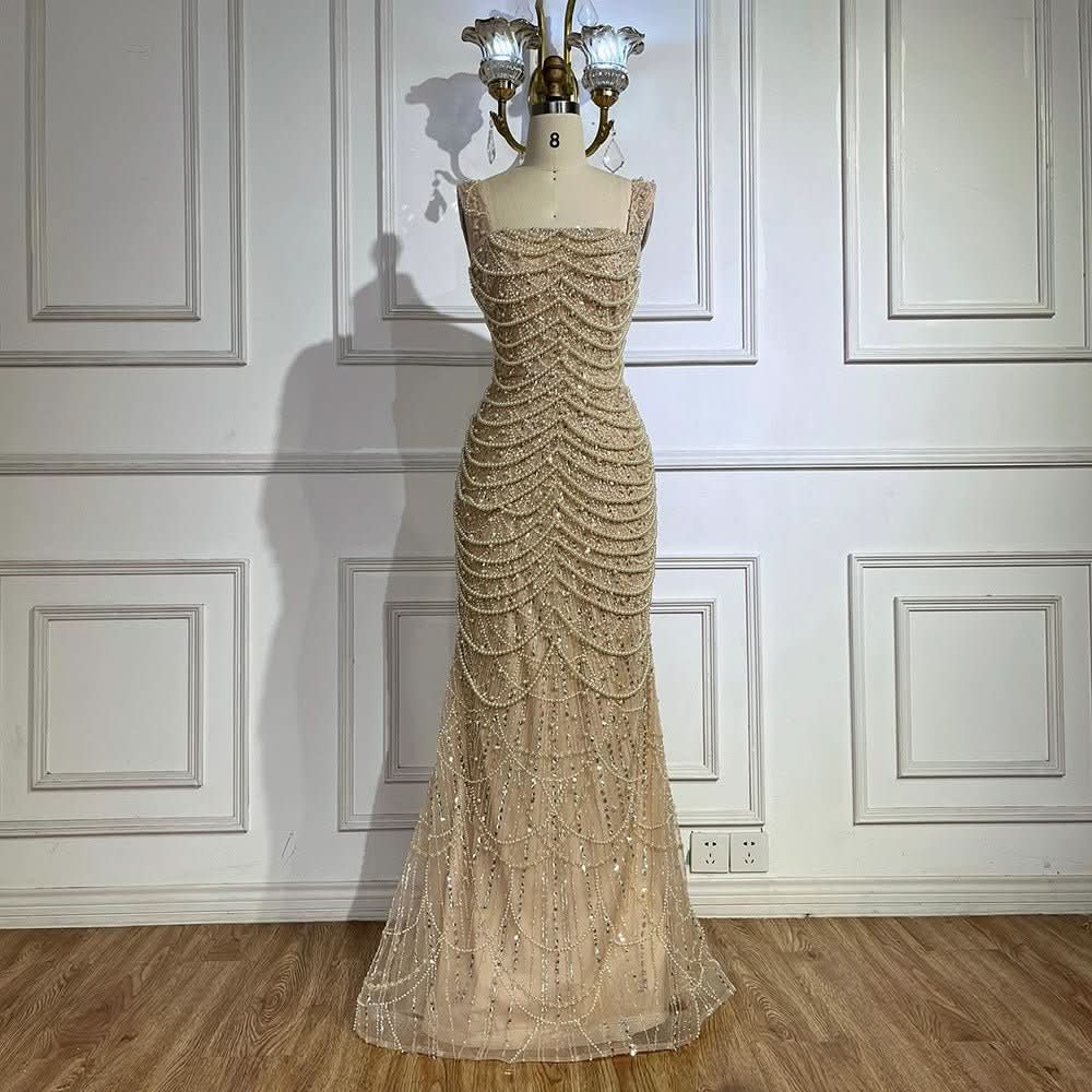 Nude Elegant Sling Light Luxury High - end Pearl Beaded Dress - Eshtree