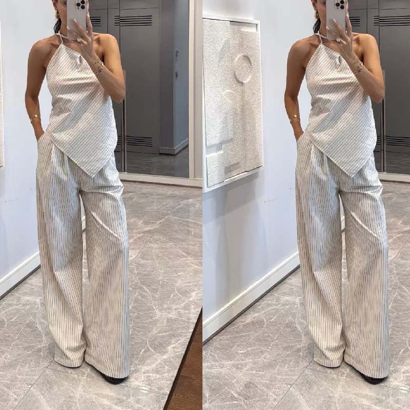 Off - shoulder Striped Irregular Top And Pants Two - piece Set - Eshtree