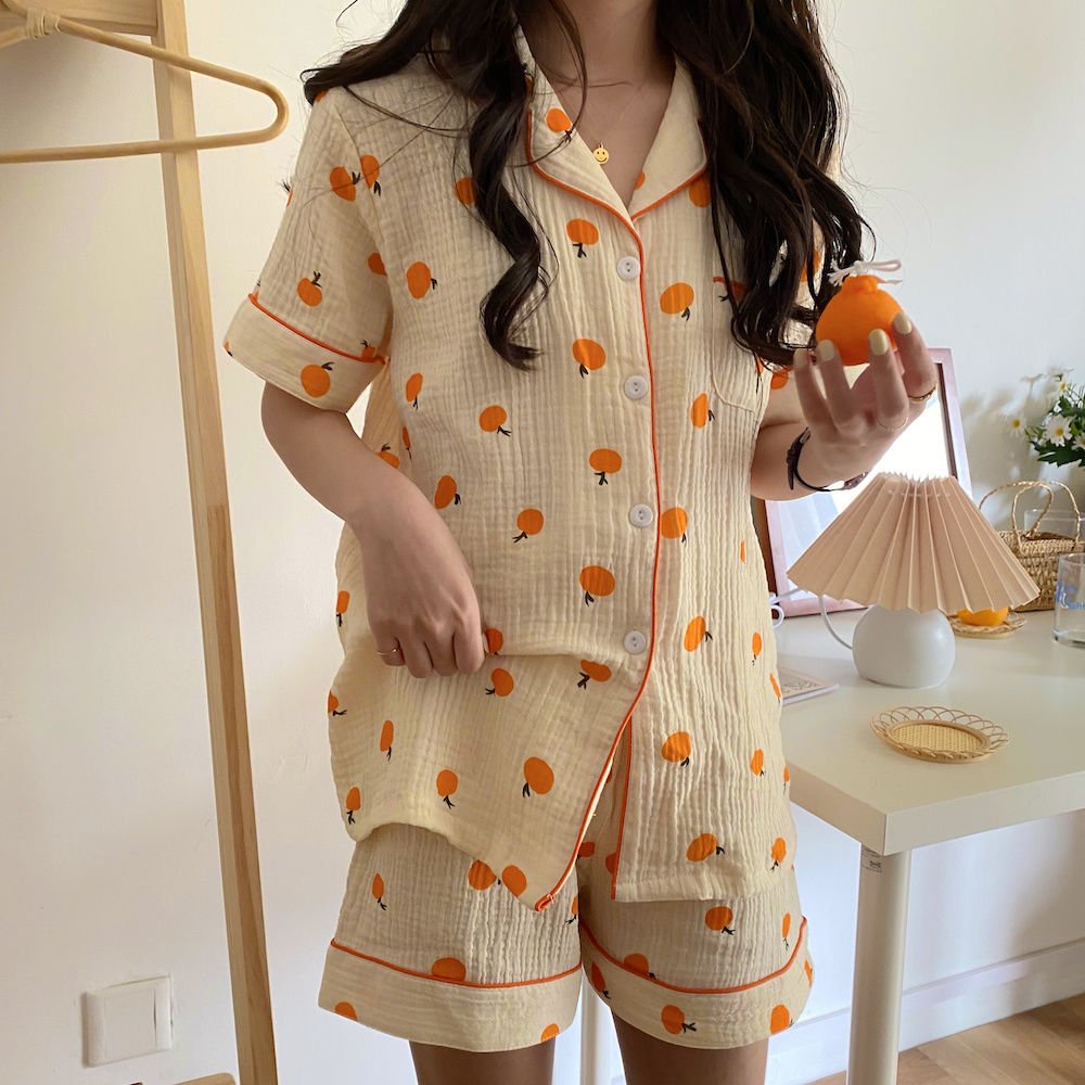 Orange Print Cute Women's Homewear Pajamas Set - Eshtree