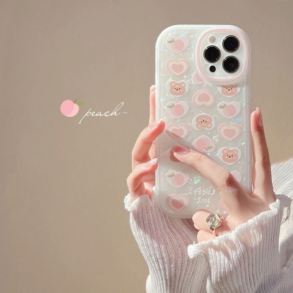 Peach Love Bear Pearl Chain Phone Case - Eshtree