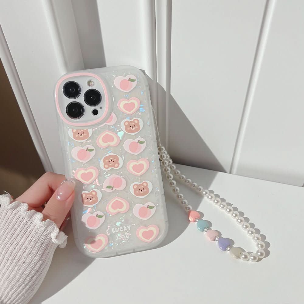 Peach Love Bear Pearl Chain Phone Case - Eshtree