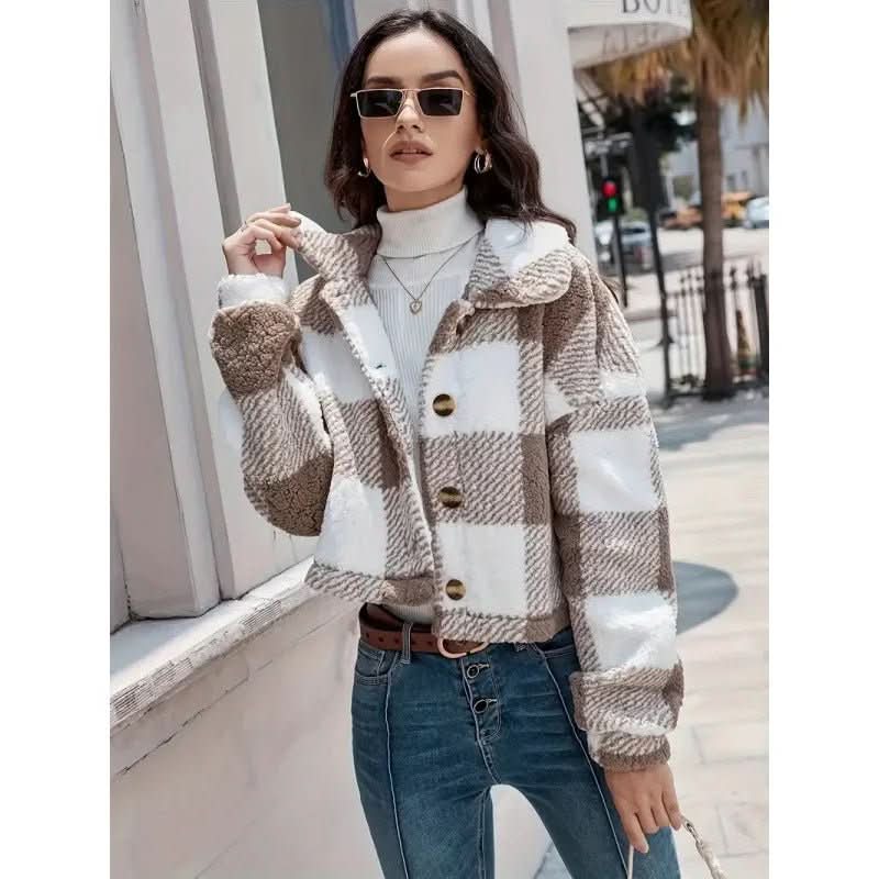 Plaid Pattern Plush Button Cardigan Casual Warm Coat - Eshtree