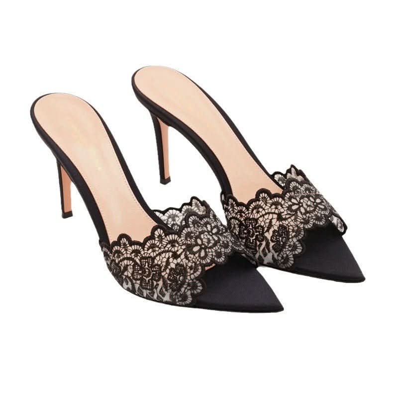 Pointed - toe Stiletto Heel Lace Slippers - Eshtree