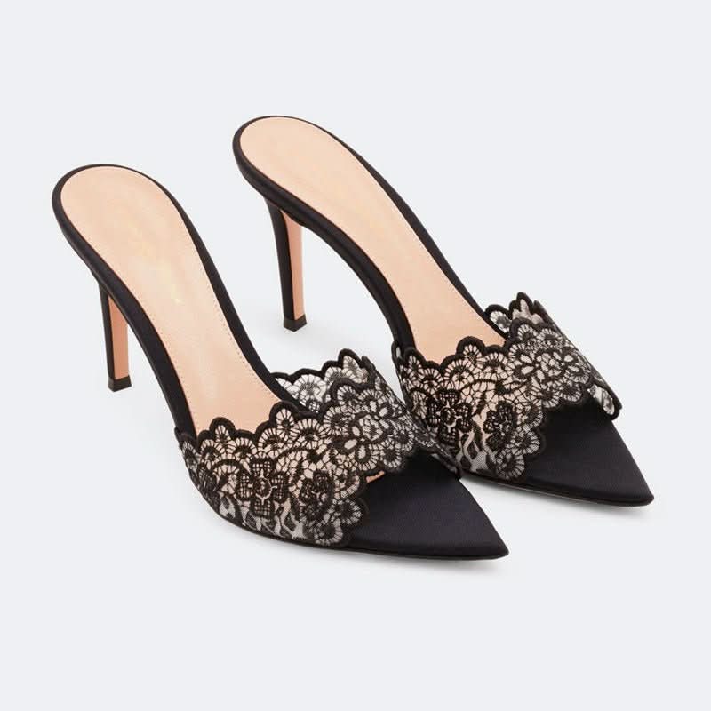 Pointed - toe Stiletto Heel Lace Slippers - Eshtree