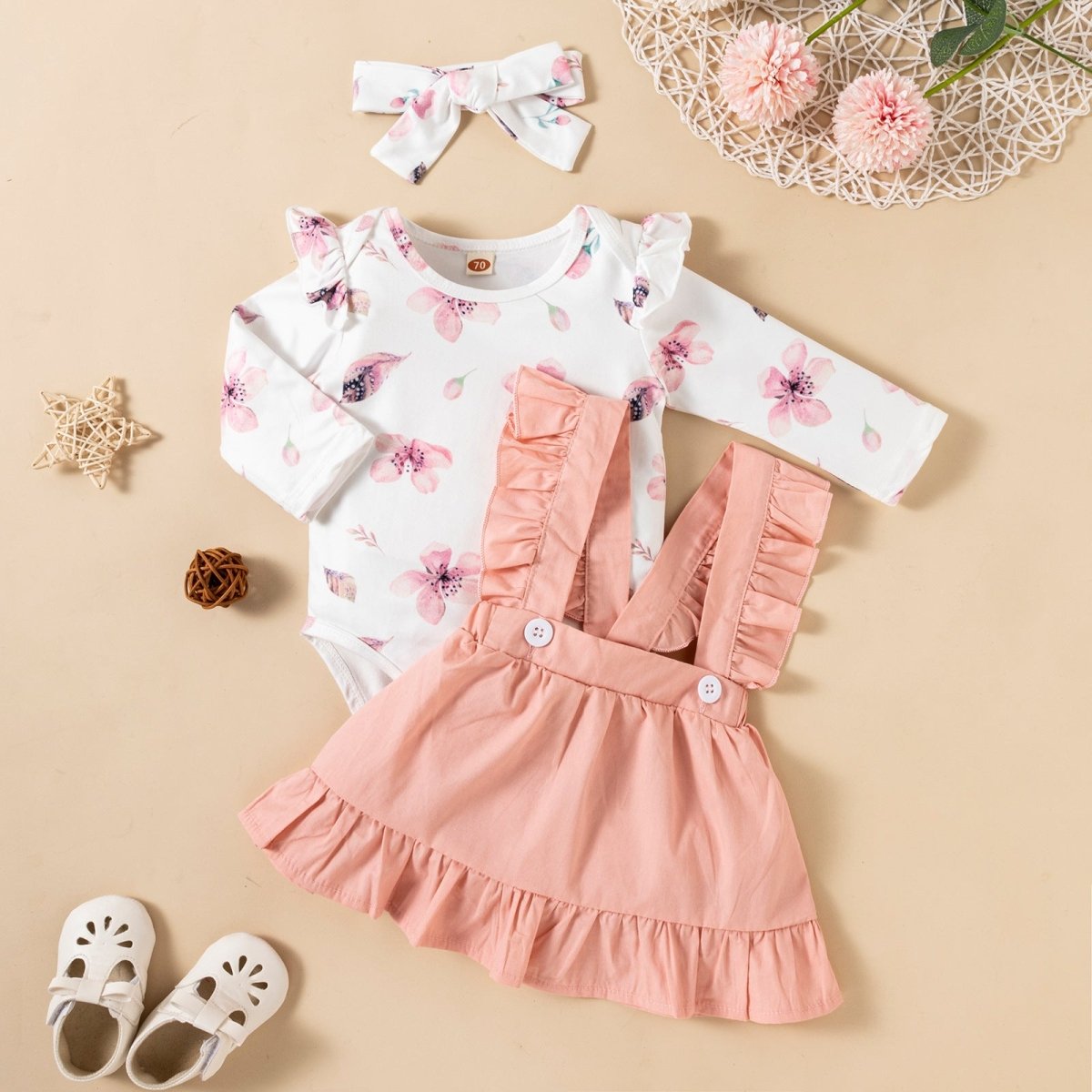 Printed Long - sleeved Baby Girl Romper Two - color Strap Ruffled Dress Headdress Three Pieces - Eshtree