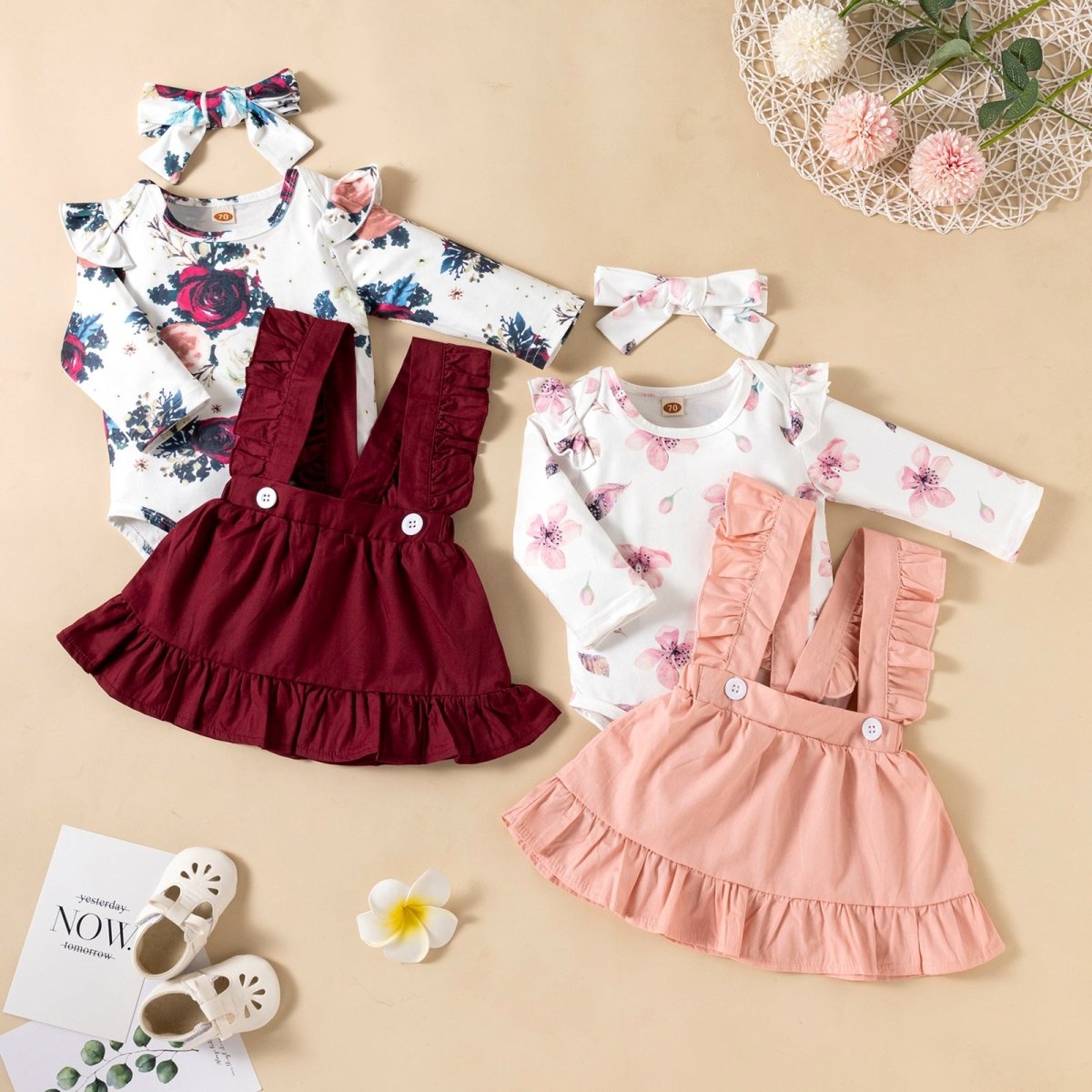 Printed Long - sleeved Baby Girl Romper Two - color Strap Ruffled Dress Headdress Three Pieces - Eshtree