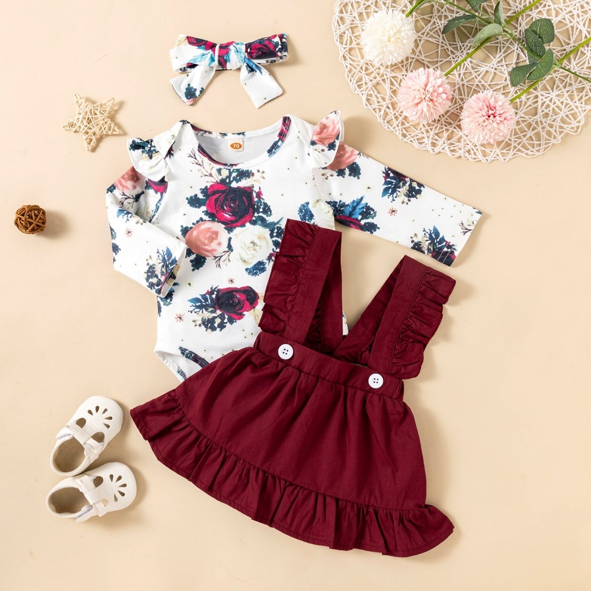 Printed Long - sleeved Baby Girl Romper Two - color Strap Ruffled Dress Headdress Three Pieces - Eshtree