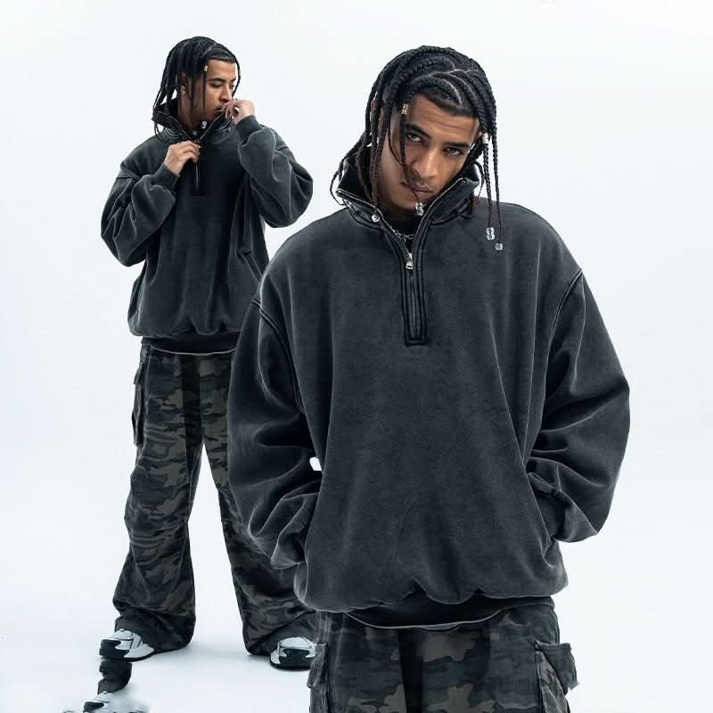 Retro Distressed Half Zipper Brushed Hoody Couple - Eshtree