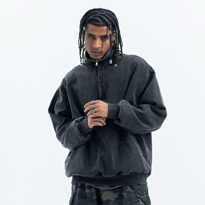 Retro Distressed Half Zipper Brushed Hoody Couple - Eshtree