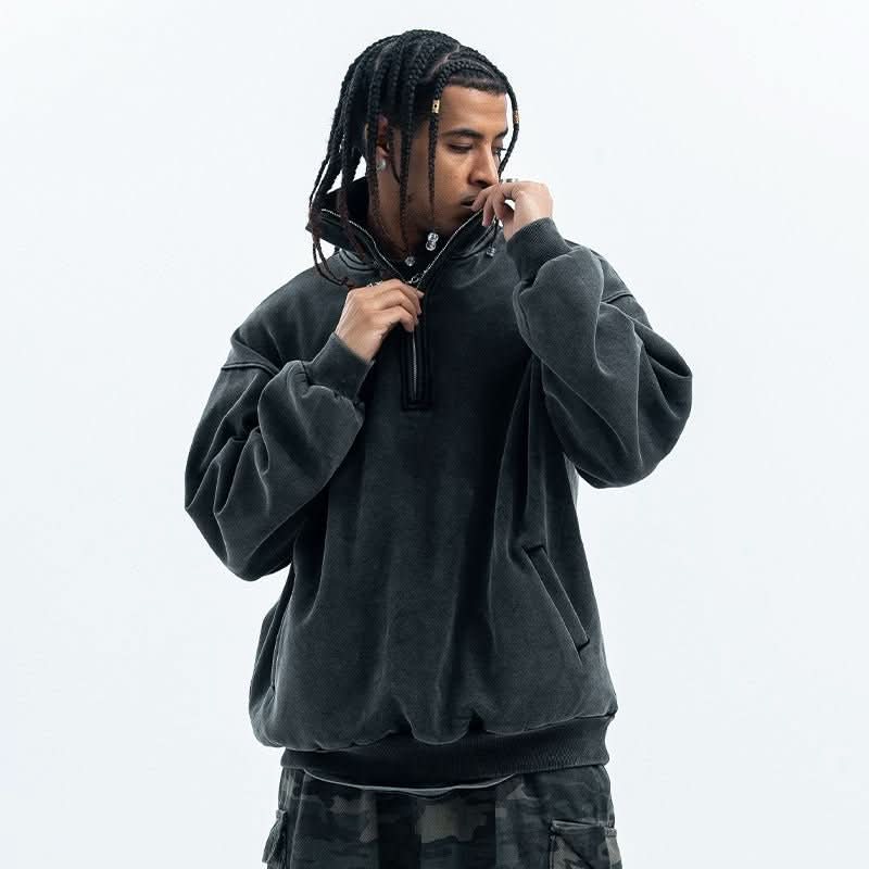 Retro Distressed Half Zipper Brushed Hoody Couple - Eshtree