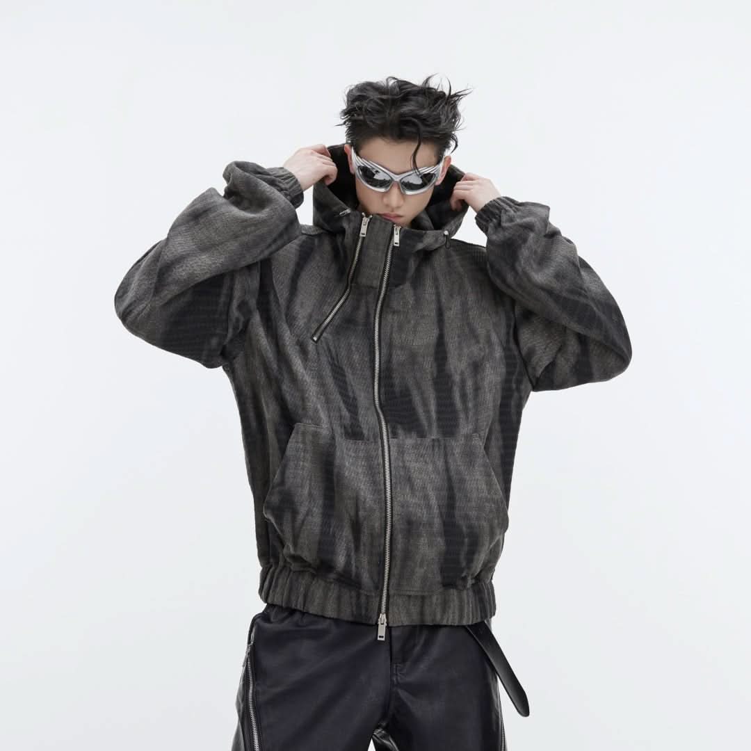 Retro Distressed Hooded Sweater Metal Zipper Design Jacket For Men - Eshtree