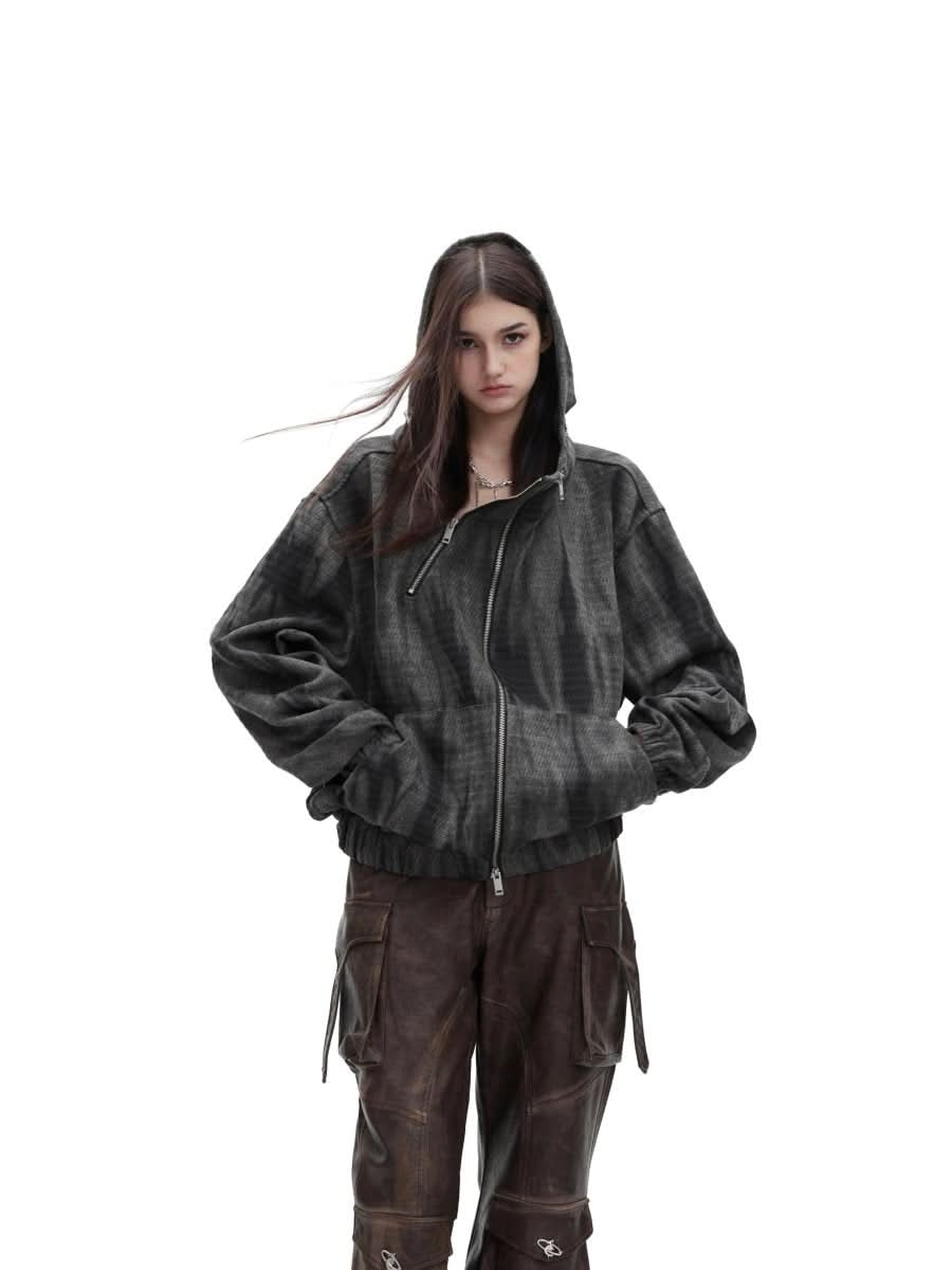 Retro Distressed Hooded Sweater Metal Zipper Design Jacket For Men - Eshtree