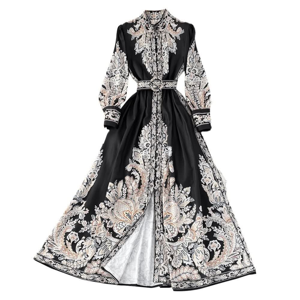 Retro Graceful Stand Collar Printed Waist - controlled Buckle A - Line Dress - Eshtree