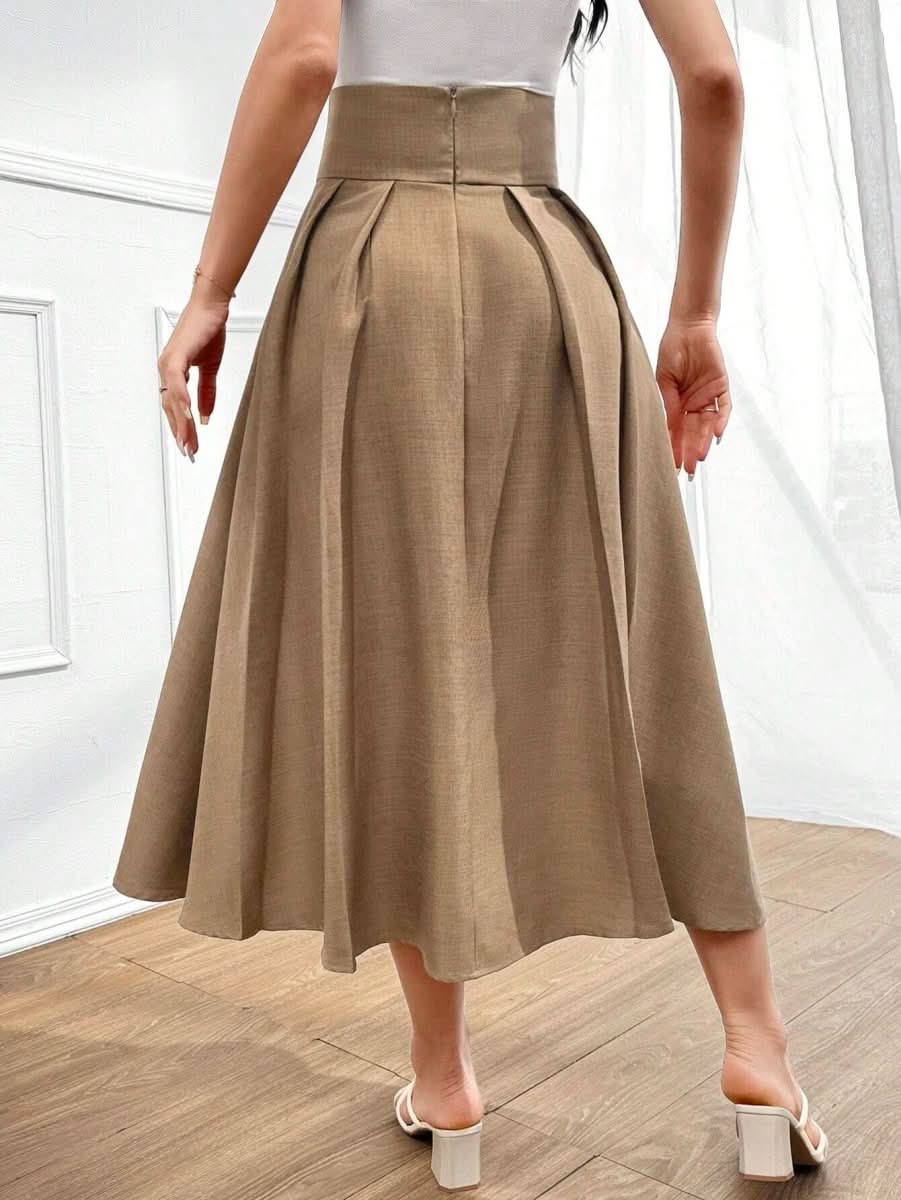 Retro Khaki - colored French - style Draped Maxi Skirt - Eshtree