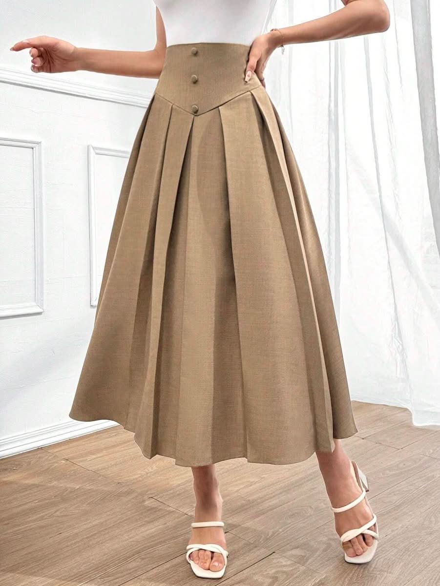 Retro Khaki - colored French - style Draped Maxi Skirt - Eshtree