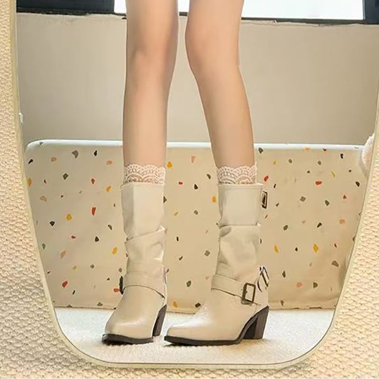 Retro Mid - calf Stacked Pointed - toe Chunky - heel Boots - Eshtree