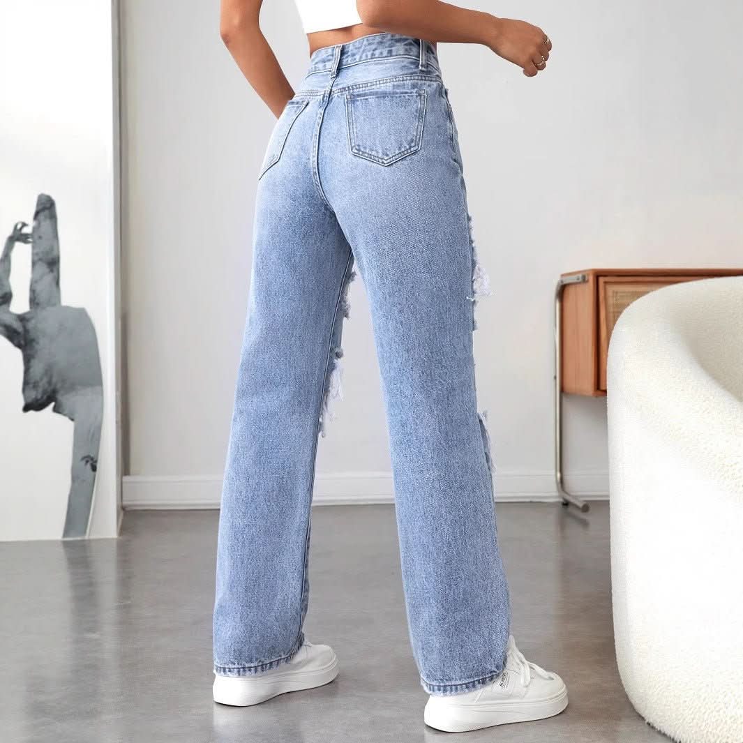Ripped Straight Denim Women's Loose Trousers - Eshtree