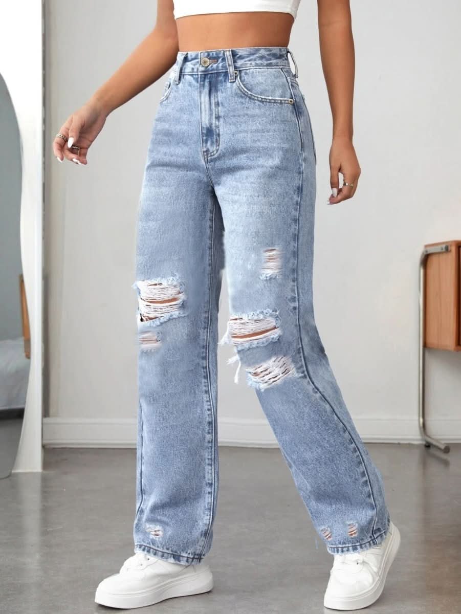 Ripped Straight Denim Women's Loose Trousers - Eshtree