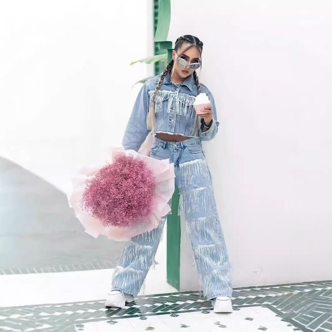 Sequined Tassel Design Straight Jeans - Eshtree