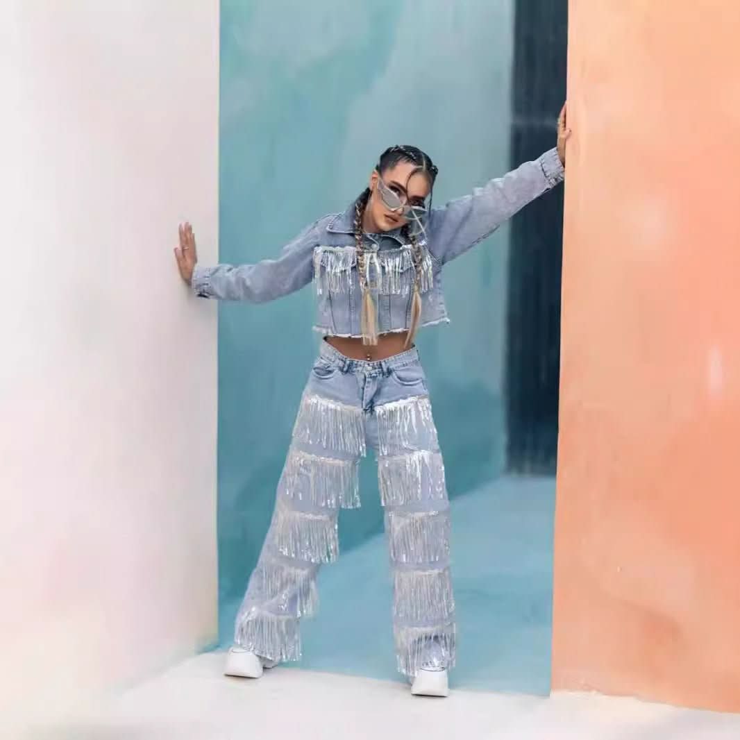 Sequined Tassel Design Straight Jeans - Eshtree