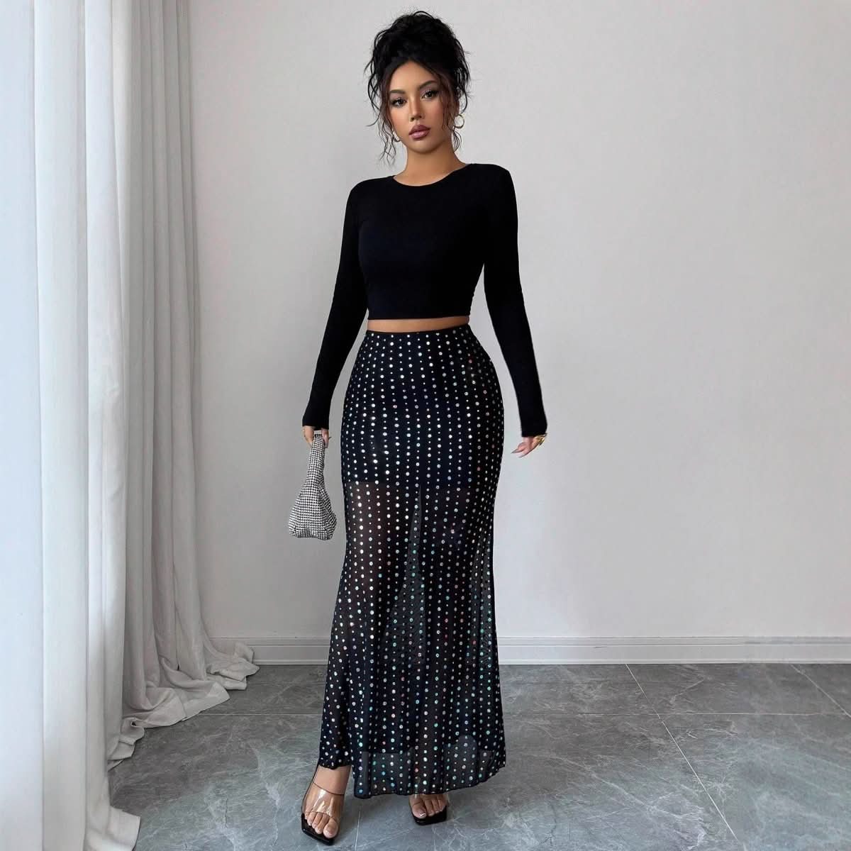 Shimmery Sequin Doublelayer Mesh Highwaist Figurehugging Hipskimming Skirt - Eshtree