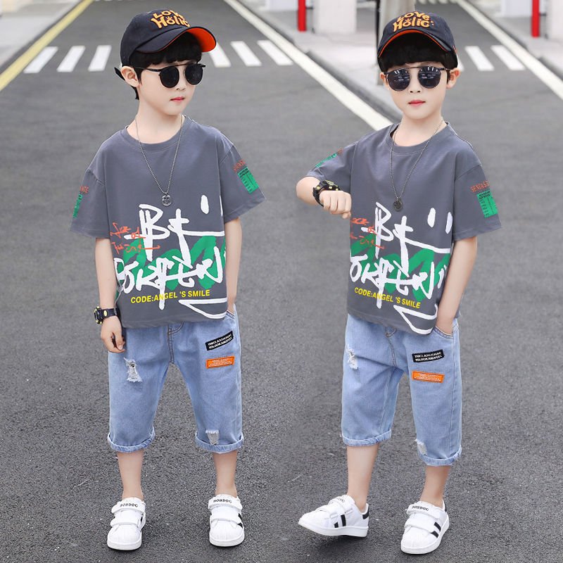Short - sleeved T-shirt Boy Western Style Two - piece Suit, Big Boy Trend - Eshtree