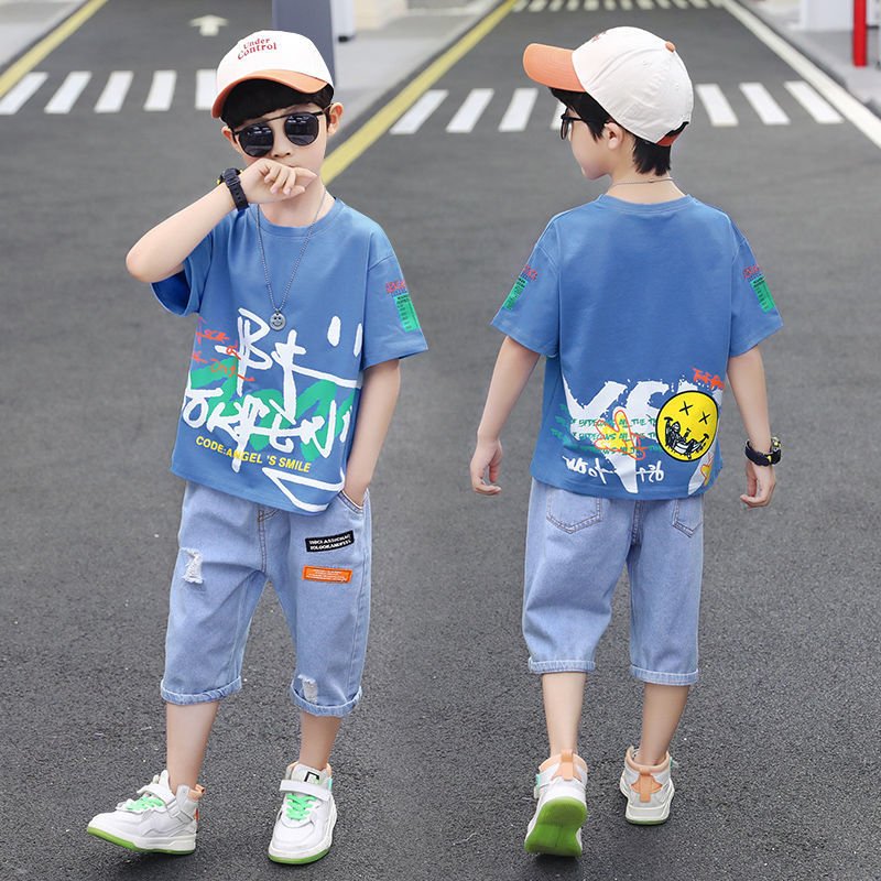 Short - sleeved T-shirt Boy Western Style Two - piece Suit, Big Boy Trend - Eshtree
