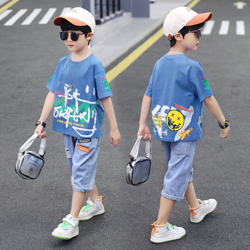 Short - sleeved T-shirt Boy Western Style Two - piece Suit, Big Boy Trend - Eshtree
