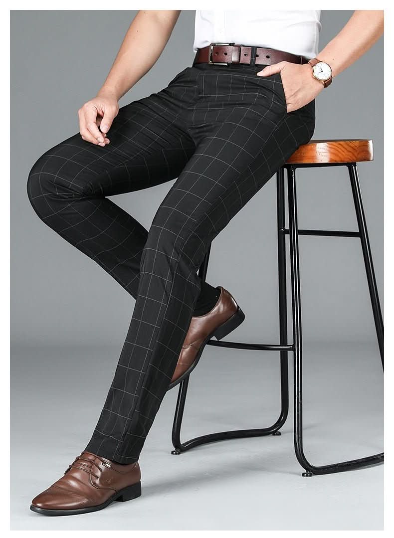 Slim - fit Straight Plaid Suit Formal Wear Mid Waist Casual Pants - Eshtree
