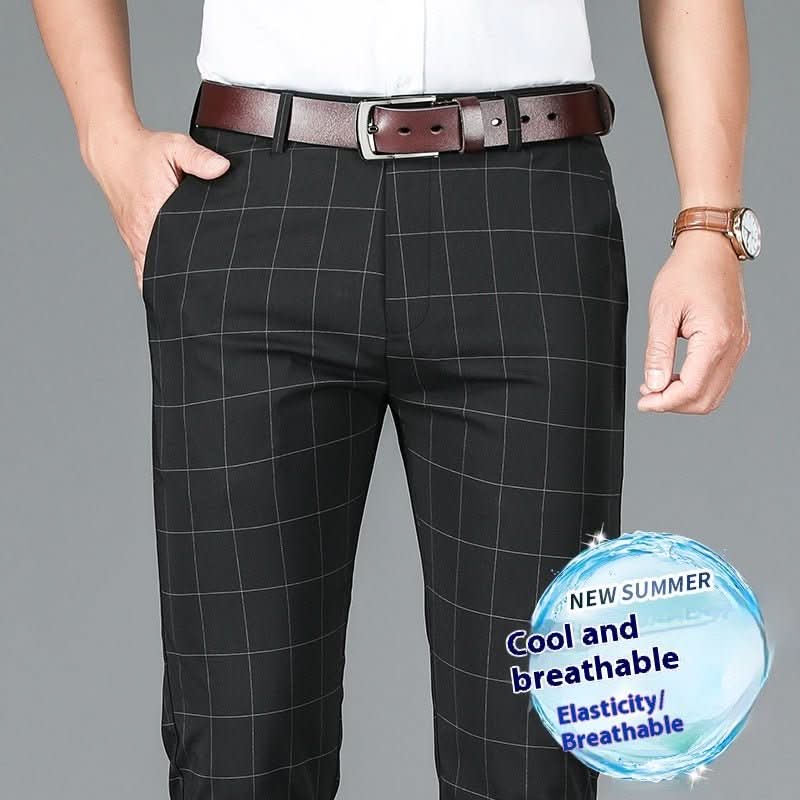 Slim - fit Straight Plaid Suit Formal Wear Mid Waist Casual Pants - Eshtree
