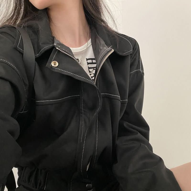 Spring Retro Casual Polo Collar Bright Line Drawstring Coat - Eshtree