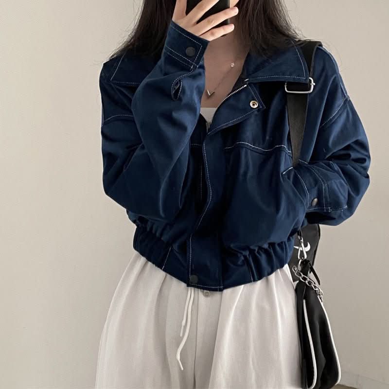 Spring Retro Casual Polo Collar Bright Line Drawstring Coat - Eshtree