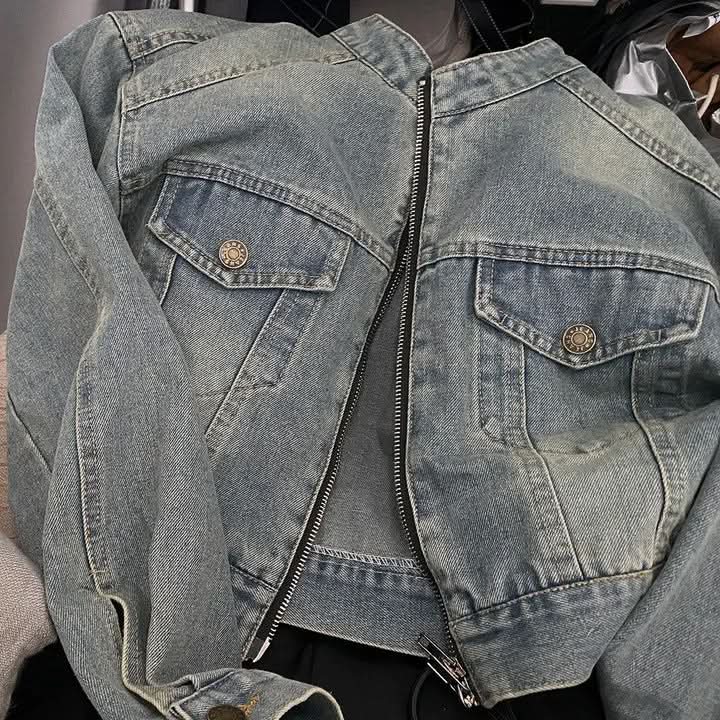 Stand Collar Double Pocket Design Loose All - matching Short Long Sleeve Denim Coat - Eshtree