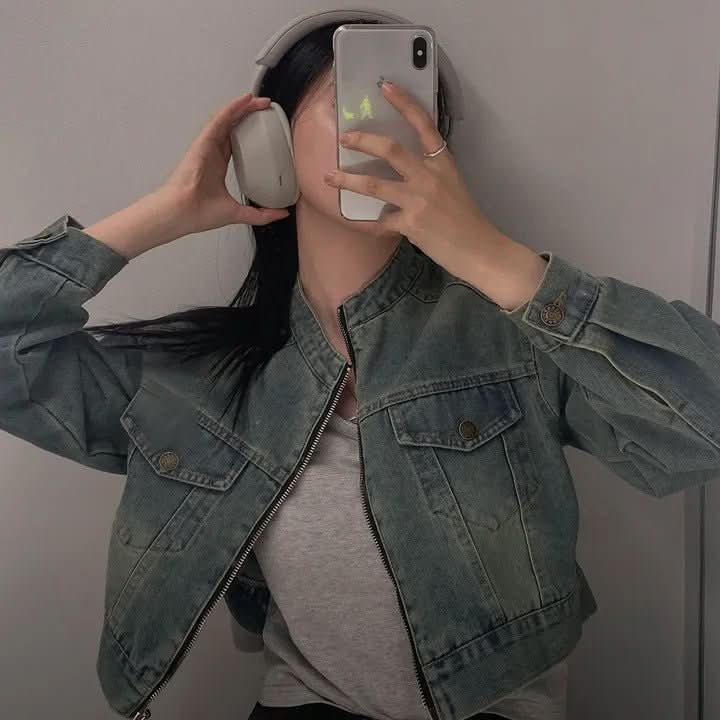 Stand Collar Double Pocket Design Loose All - matching Short Long Sleeve Denim Coat - Eshtree