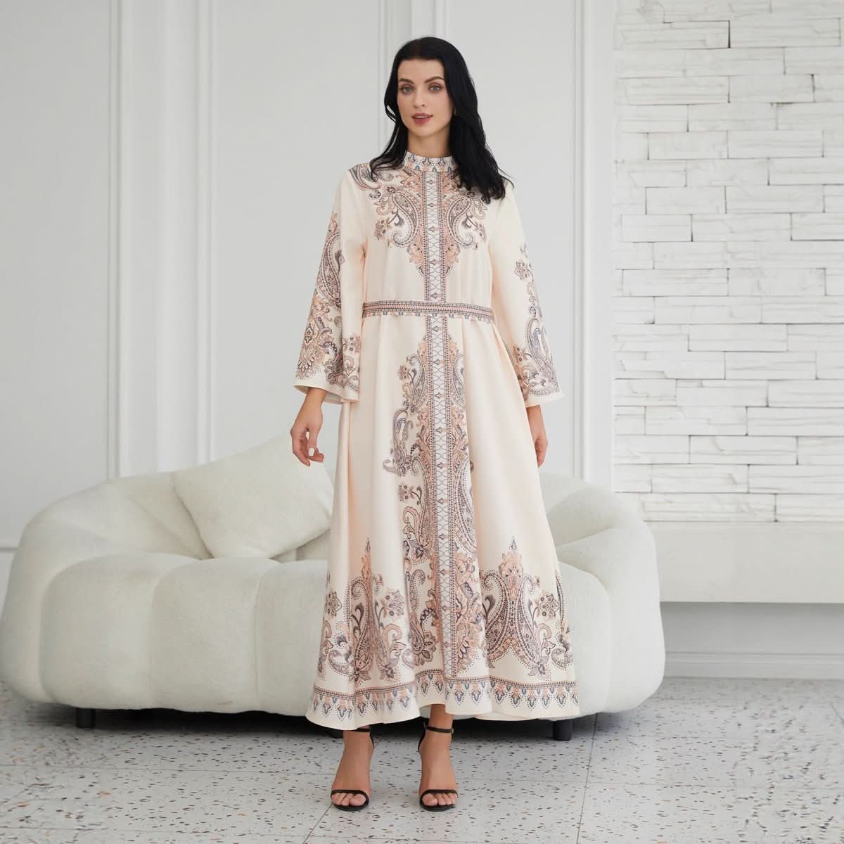 Stand Collar Printing Long Retro Muslim Dress - Eshtree