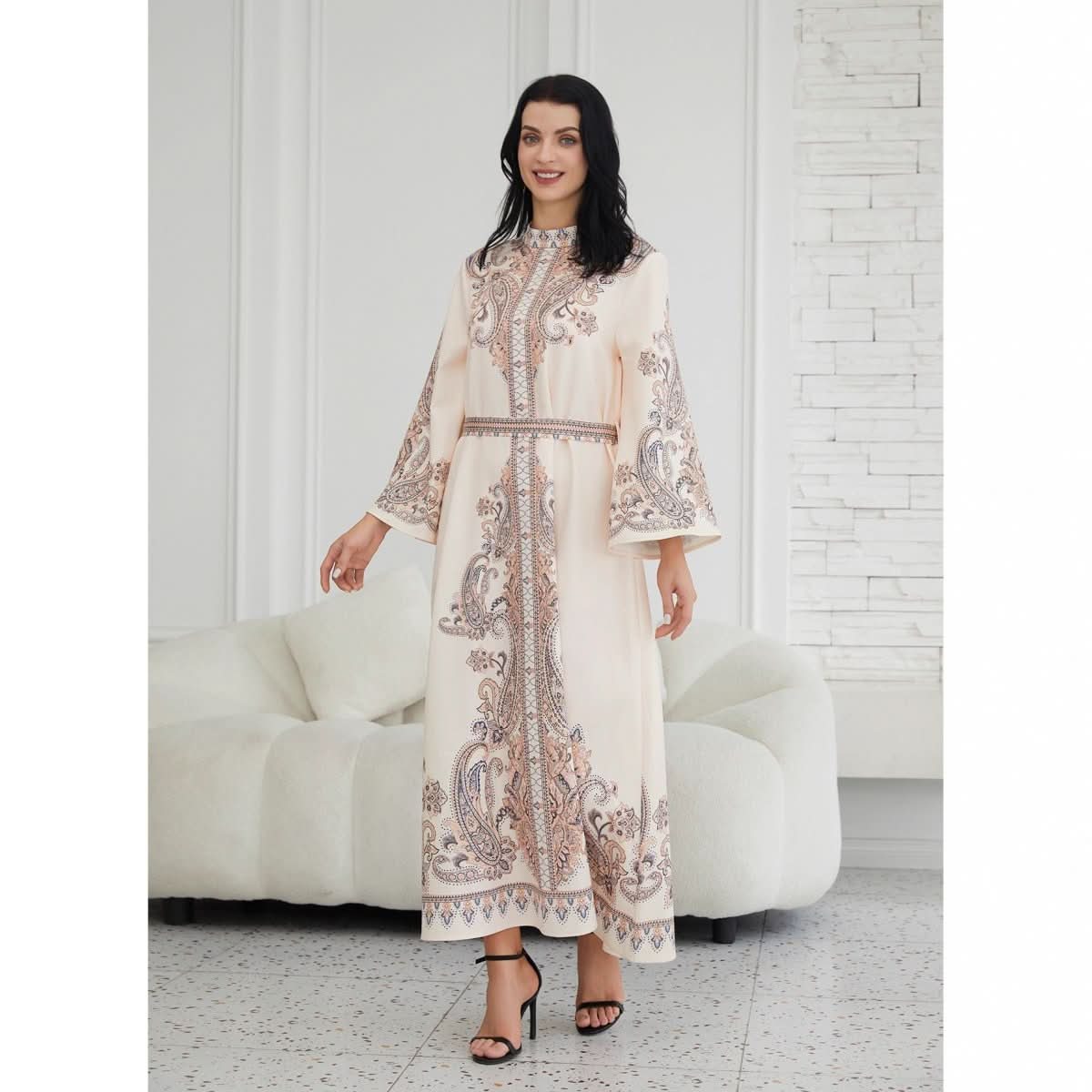 Stand Collar Printing Long Retro Muslim Dress - Eshtree