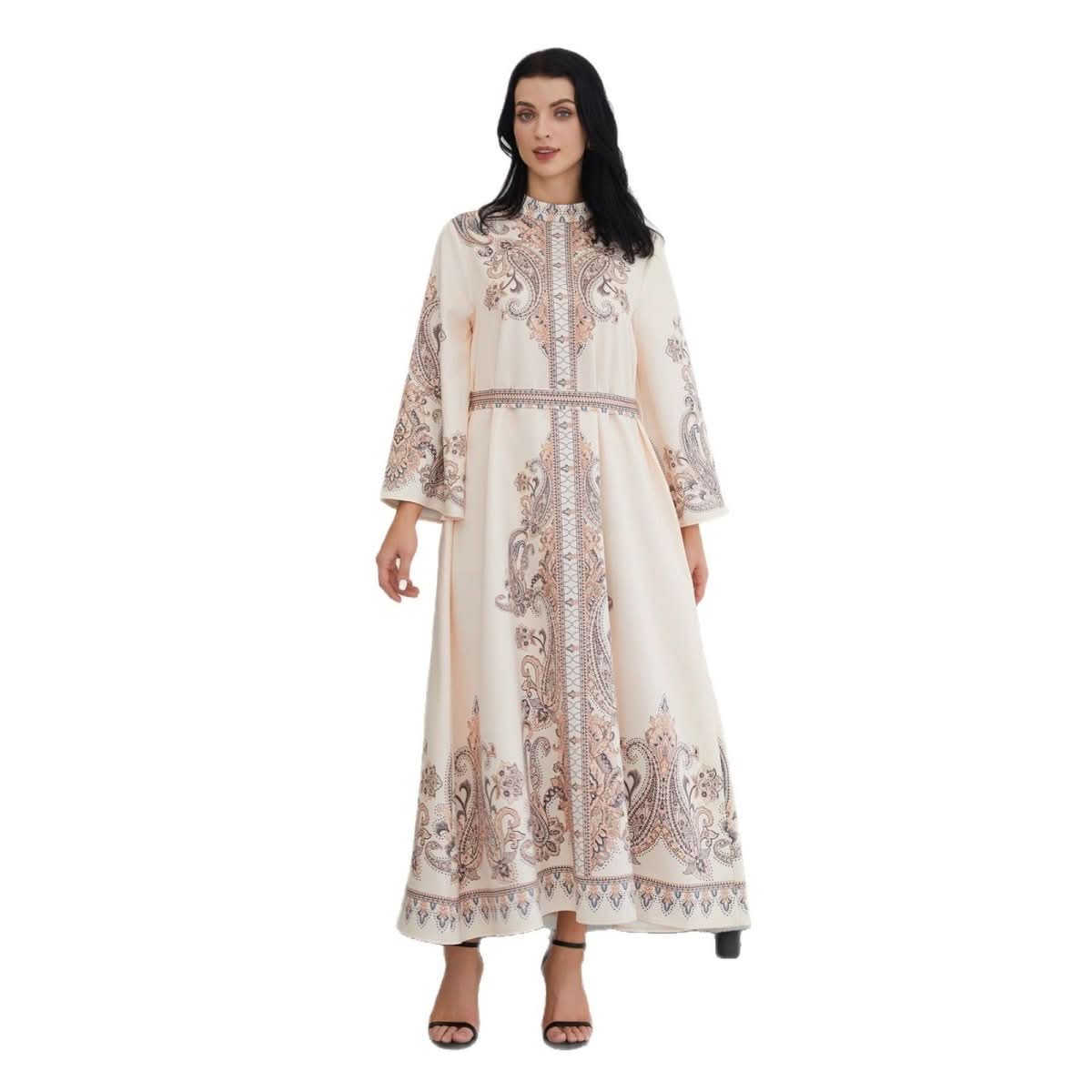 Stand Collar Printing Long Retro Muslim Dress - Eshtree