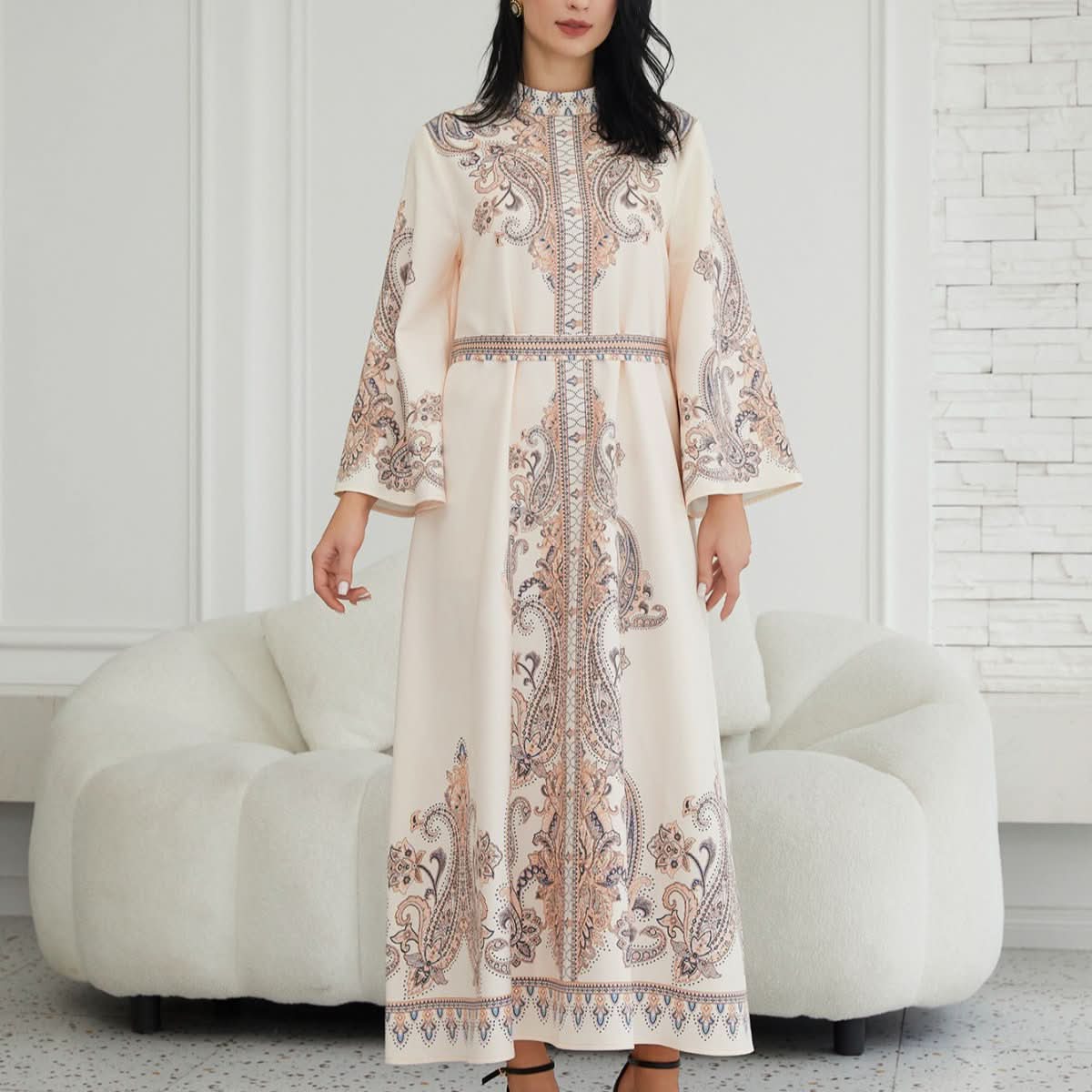 Stand Collar Printing Long Retro Muslim Dress - Eshtree