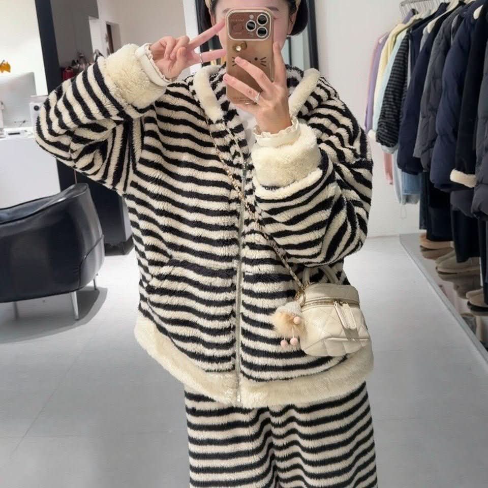 Striped Hooded Pajama Set Homewear For Women - Eshtree