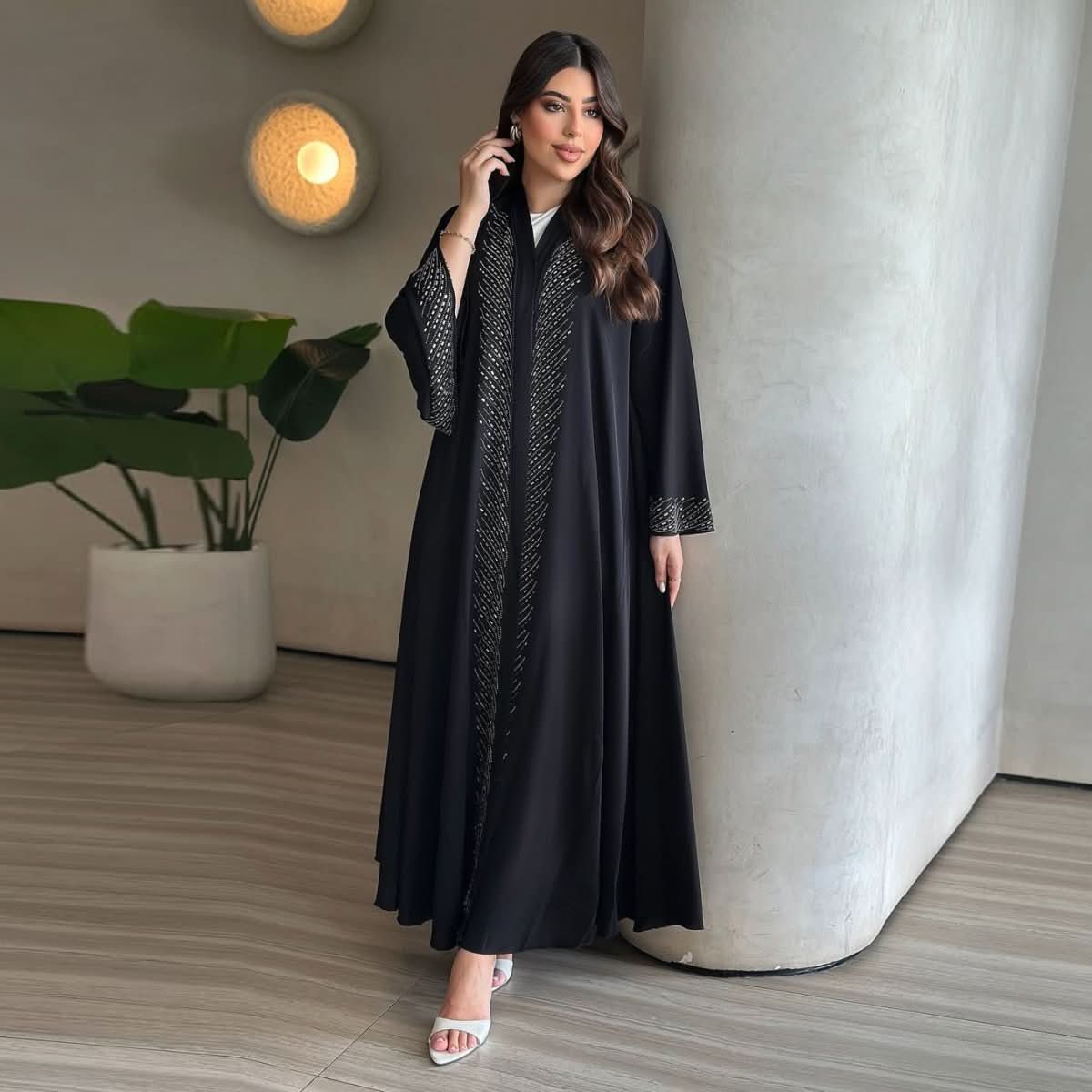 Stylish And Elegant Black Robe With Rhinestone Embellishments - Eshtree