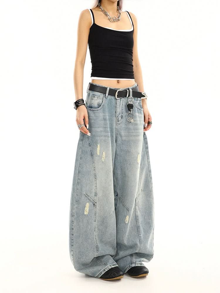 Summer American Retro Washed Distressed Loose Straight Leg Wide Leg Pants - Eshtree