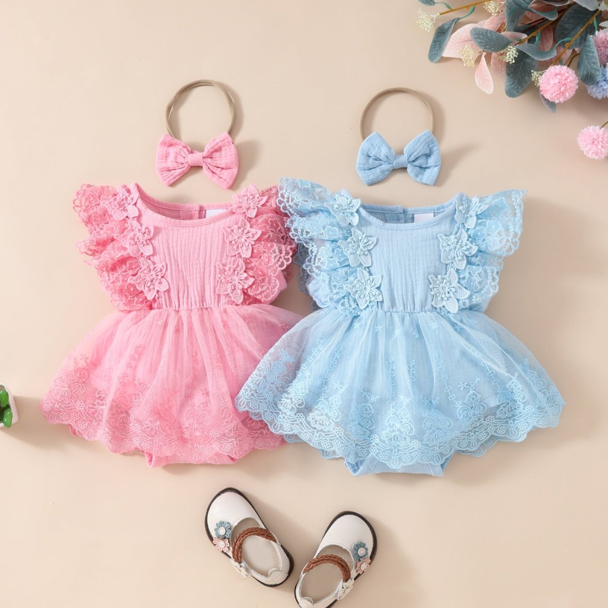 Summer Baby Girl Sweet Sleeveless Lace Triangle Rompers Mesh Lace Flower Dress - Eshtree