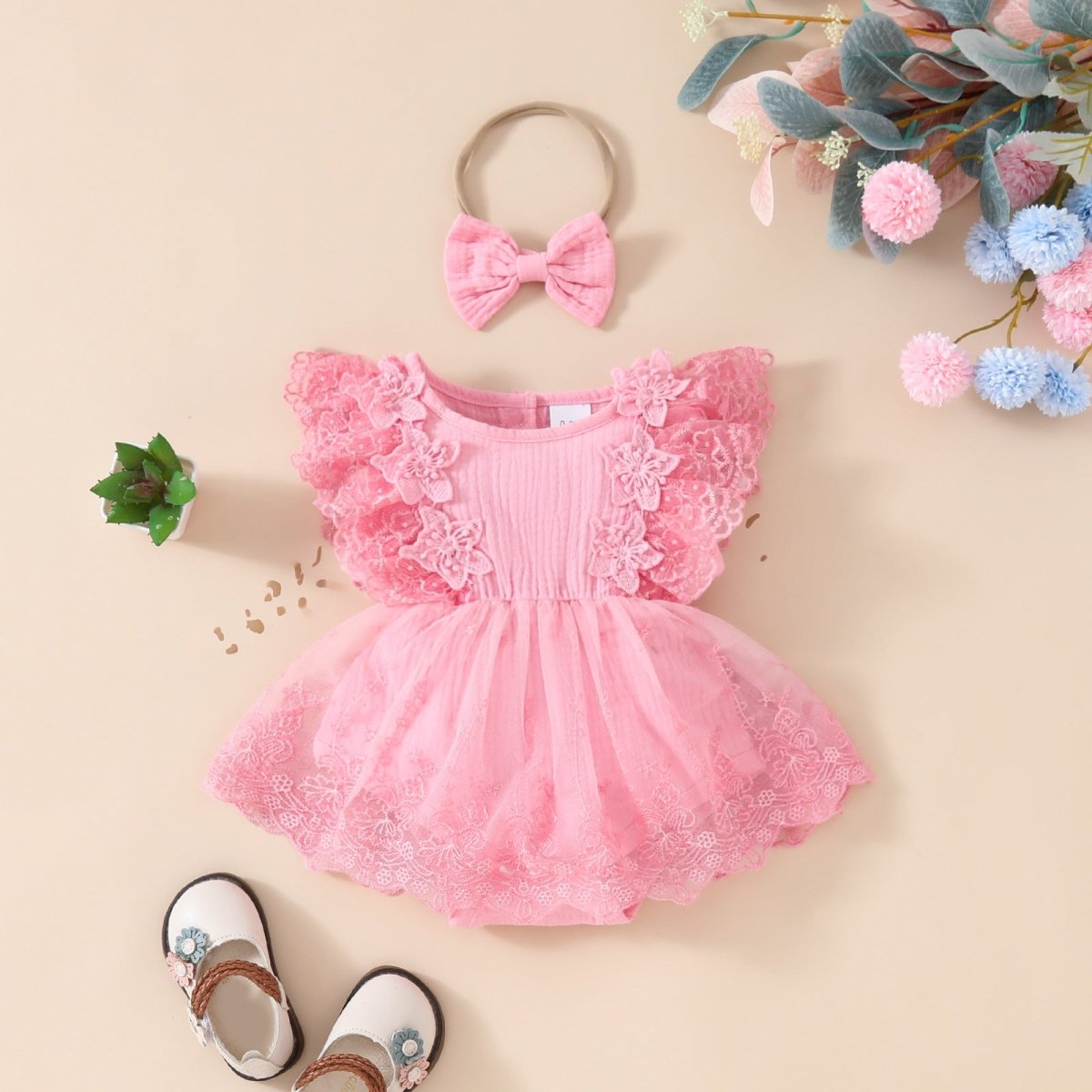 Summer Baby Girl Sweet Sleeveless Lace Triangle Rompers Mesh Lace Flower Dress - Eshtree