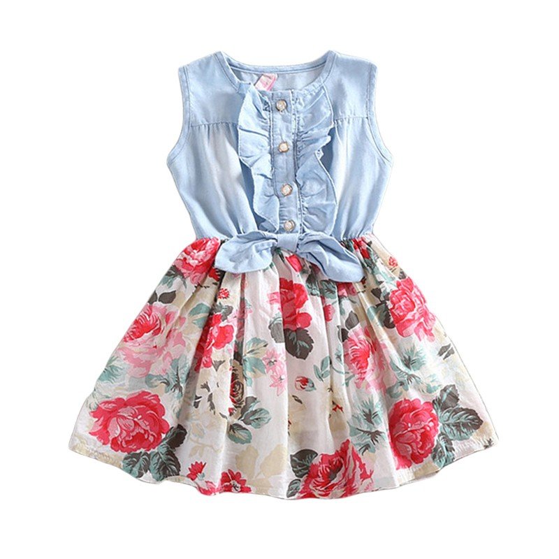 Summer Children Sleeveless Girl Denim Floral Dresses - Eshtree
