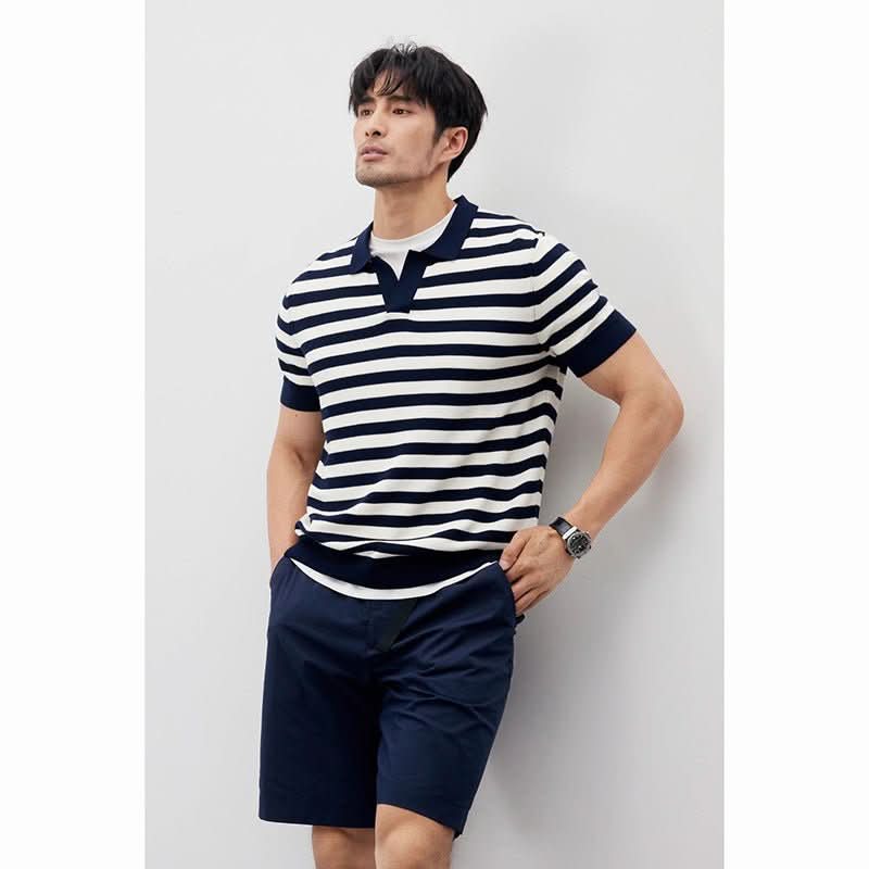 Summer New Ice Silk Short Sleeve Knitted Men's V - neck Lapel Slim - Eshtree