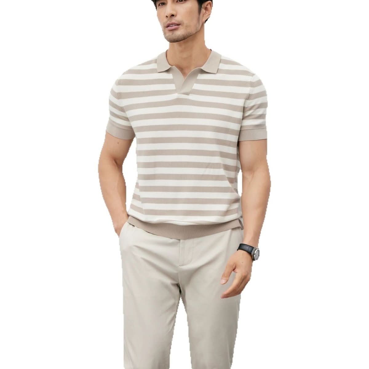 Summer New Ice Silk Short Sleeve Knitted Men's V - neck Lapel Slim - Eshtree