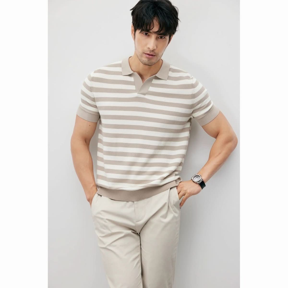 Summer New Ice Silk Short Sleeve Knitted Men's V - neck Lapel Slim - Eshtree