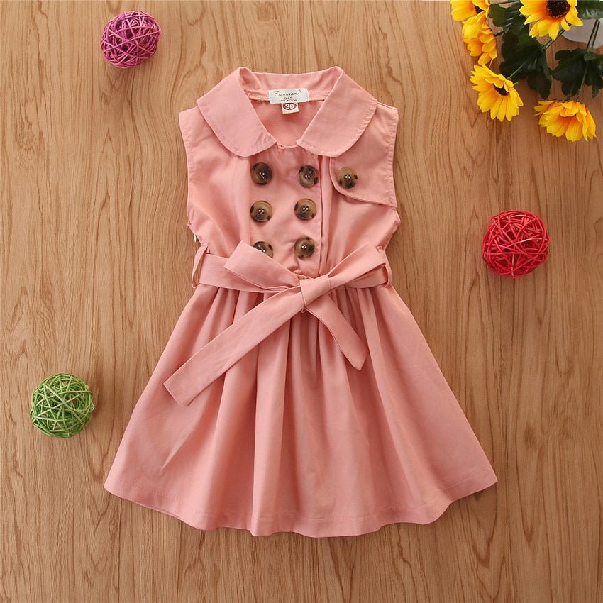 Summer Toddler Baby Girl Dress Kids Princess Casual Sleeveless Sash Button Party A - Line Dress Children Clothing 1 - 6Y - Eshtree
